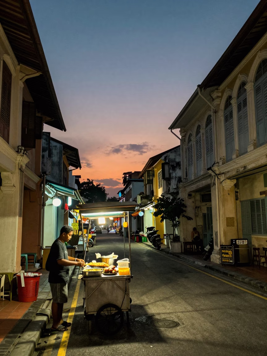 George Town Malaysia Twilight Street Scene with Local Food and Historic Architecture in in George Town, Malaysia