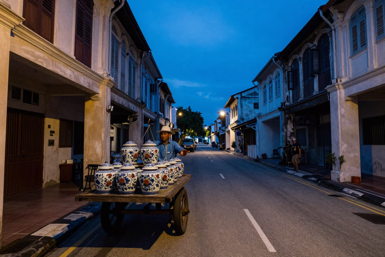 George Town Malaysia Twilight Street Scene with Porcelain Jars and Canal in in George Town, Malaysia