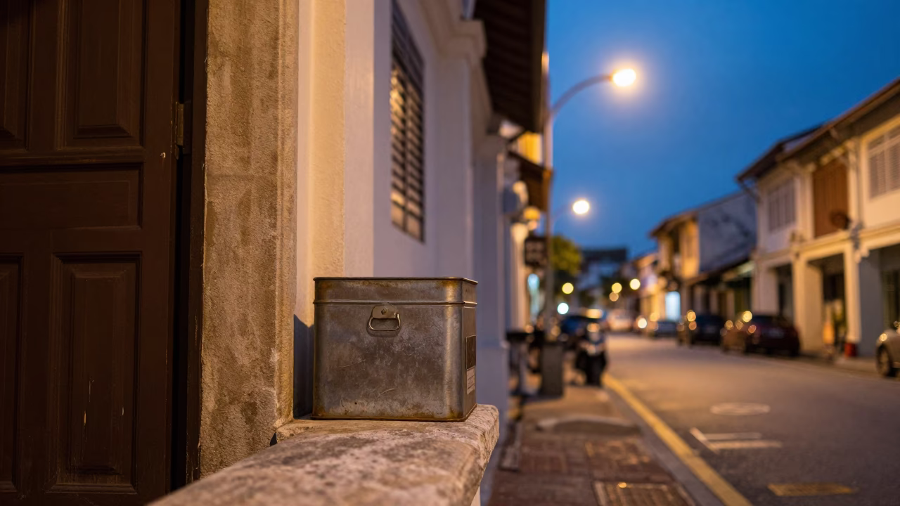 George Town Malaysia Twilight Street Scene with Tin Box and Iron Hook in in George Town, Malaysia