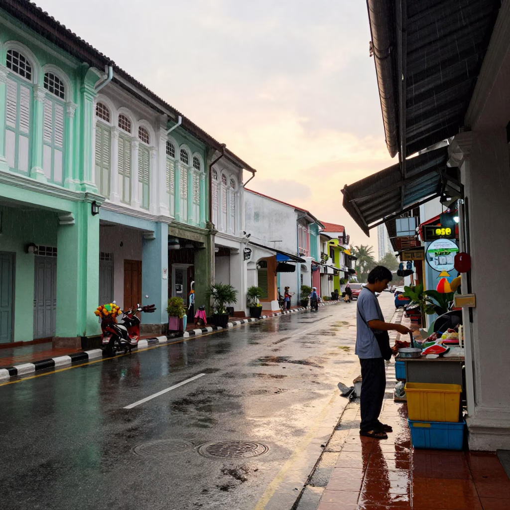 George Town morning street scene with shopkeeper and rain wet pavement in in George Town, Malaysia
