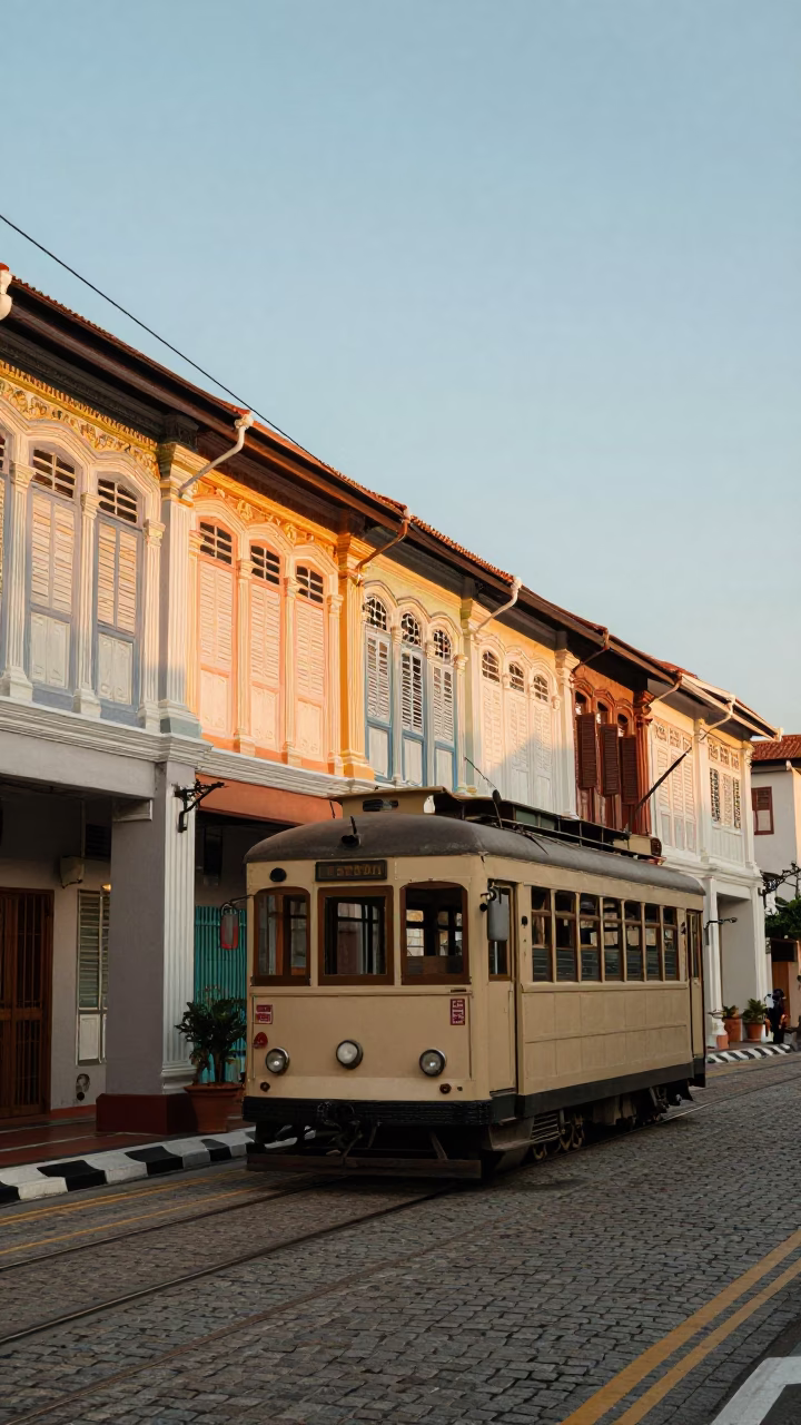 George Town Nouveau Facades at Sunset Light in in George Town, Malaysia