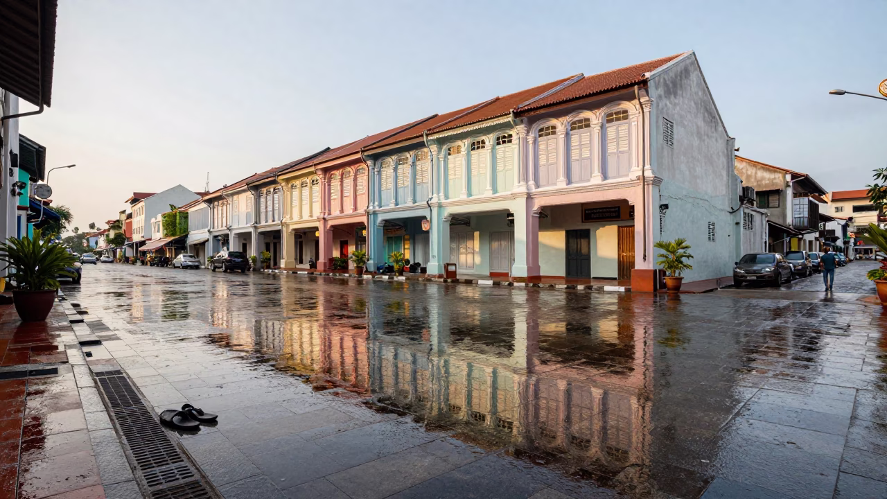 George Town Reflecting Shophouses at First Light in in George Town, Malaysia
