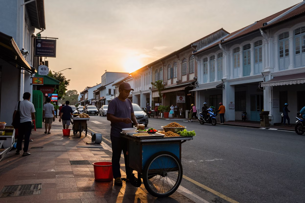 George Town Selling Chaat at As The Sun Drops Toward The Horizon in in George Town, Malaysia