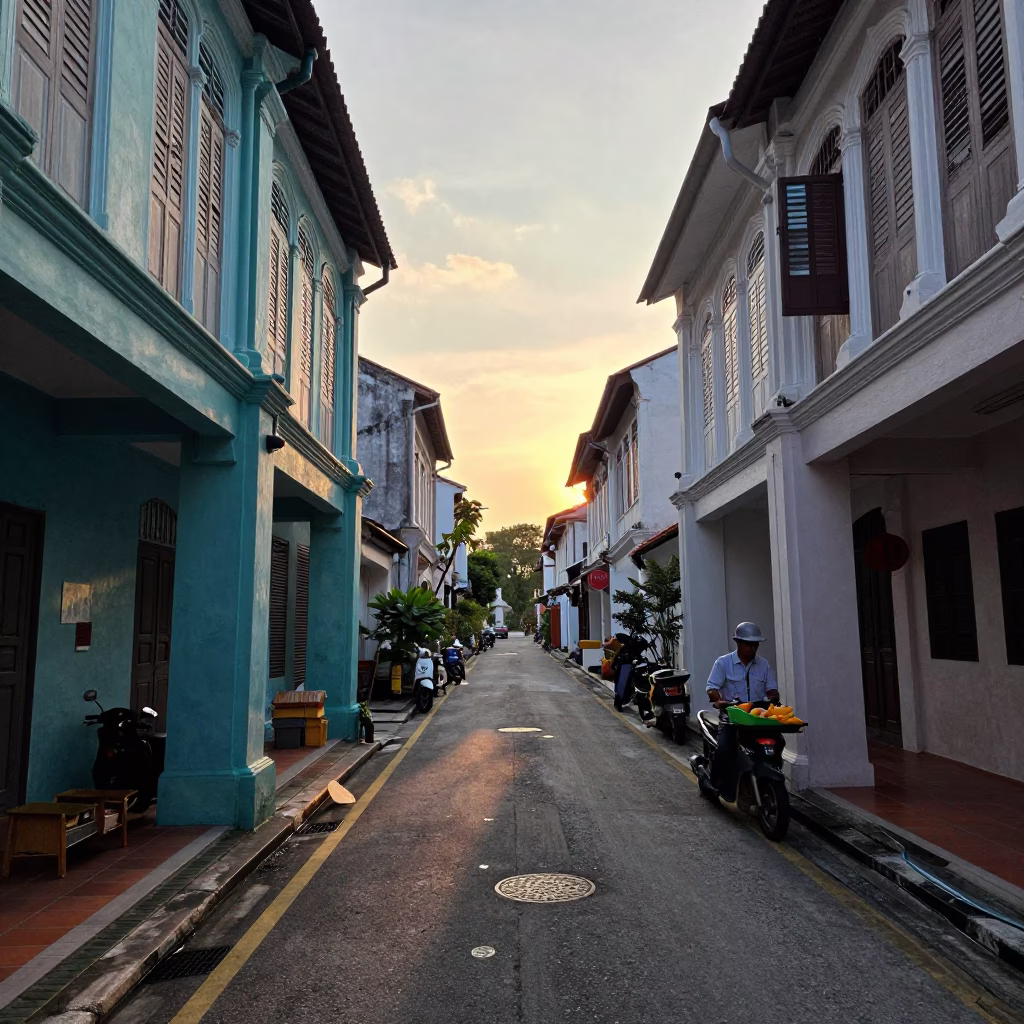 George Town Shophouse Alleyway at First Light Of Dawn in in George Town, Malaysia