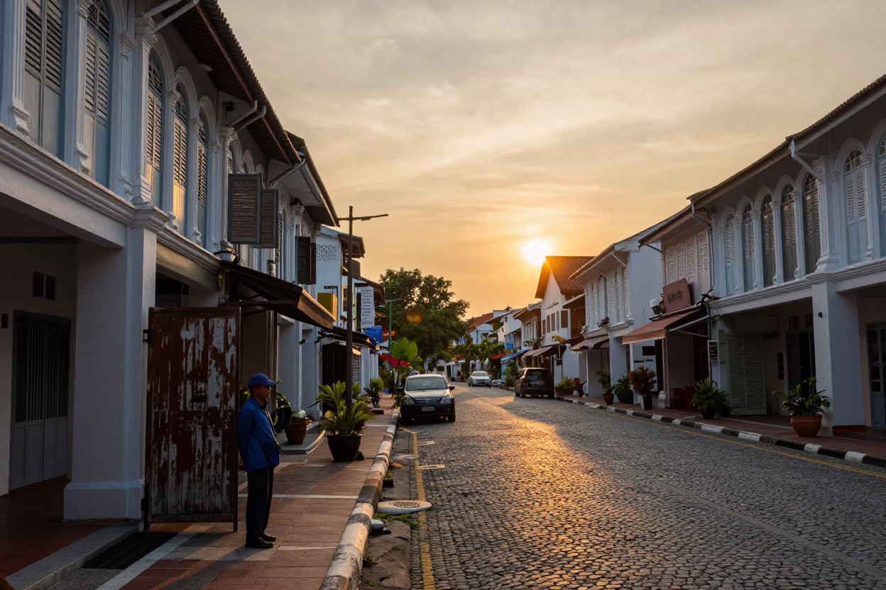 George Town Street Scene at As The Sun Drops Toward The Horizon in in George Town, Malaysia
