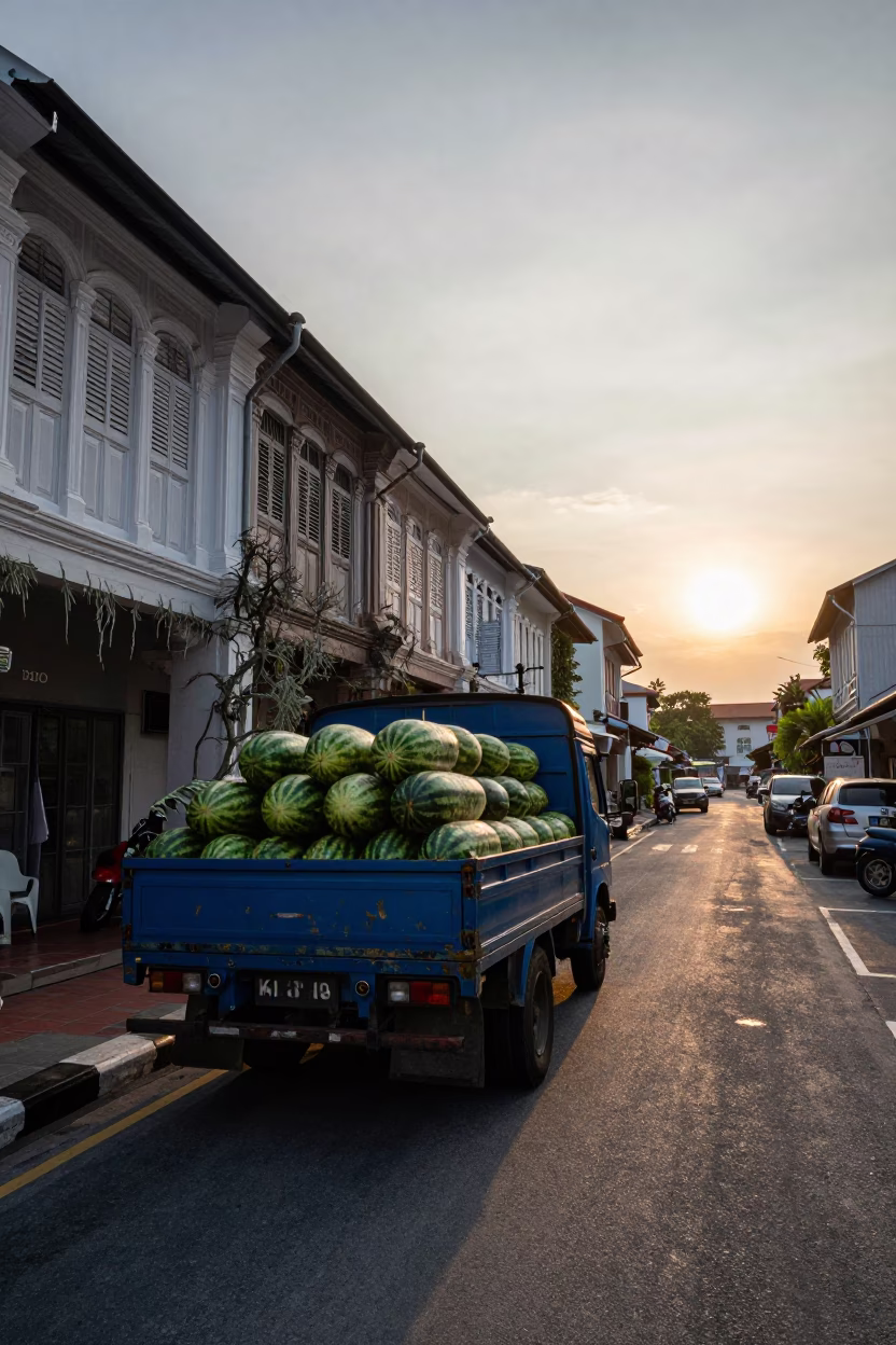 George Town Street Scene at As The Sun Drops Toward The Horizon in in George Town, Malaysia