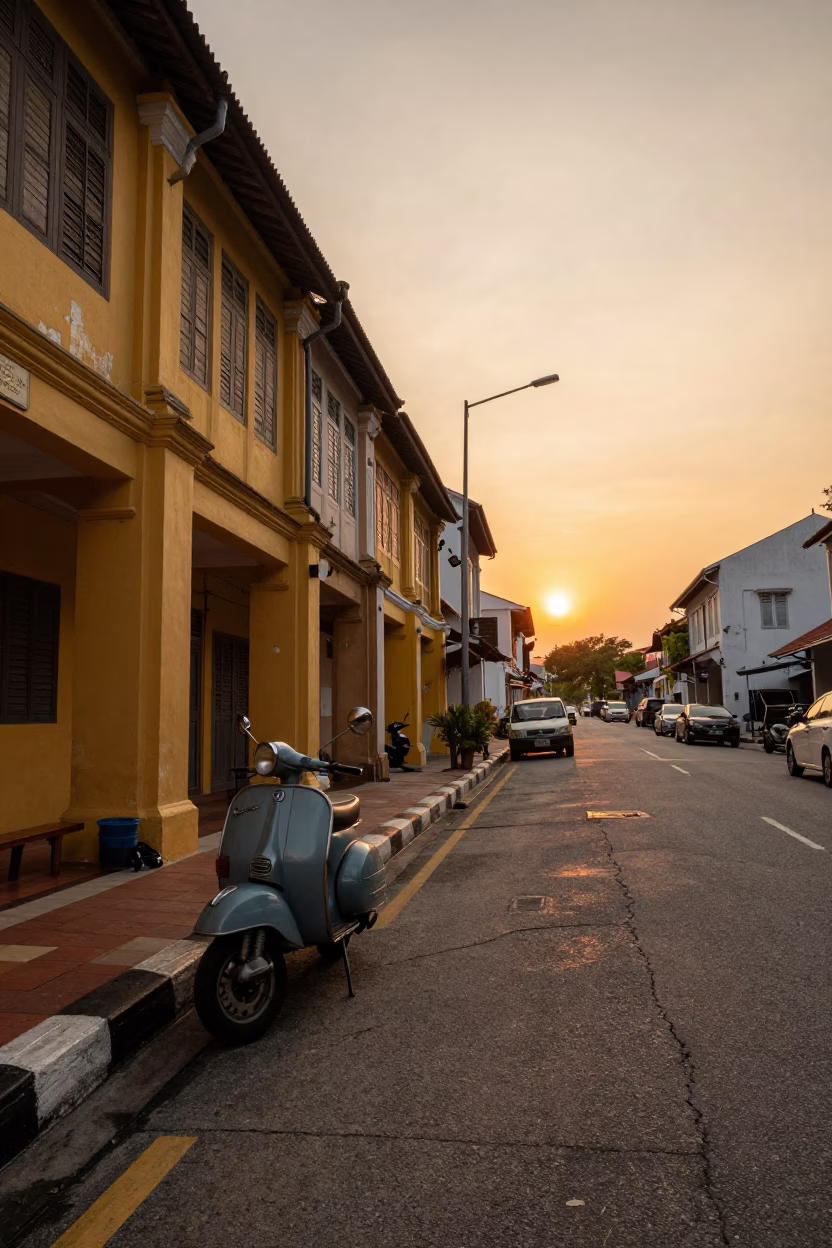 George Town Street Scene at As The Sun Drops Toward The Horizon in in George Town, Malaysia