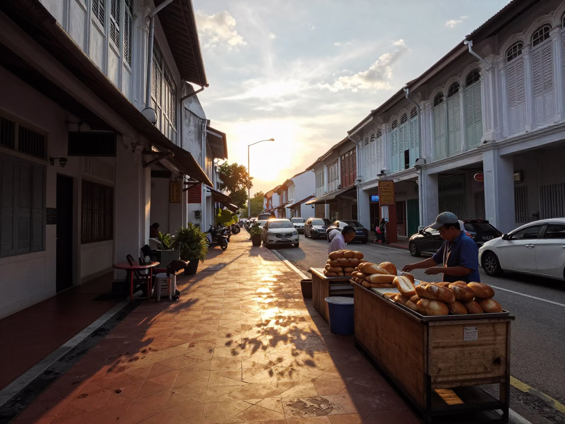 George Town Street Scene at As The Sun Drops Toward The Horizon in in George Town, Malaysia