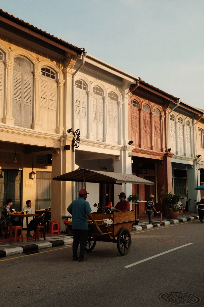George Town Street Scene at Honeyed Evening Light in in George Town, Malaysia