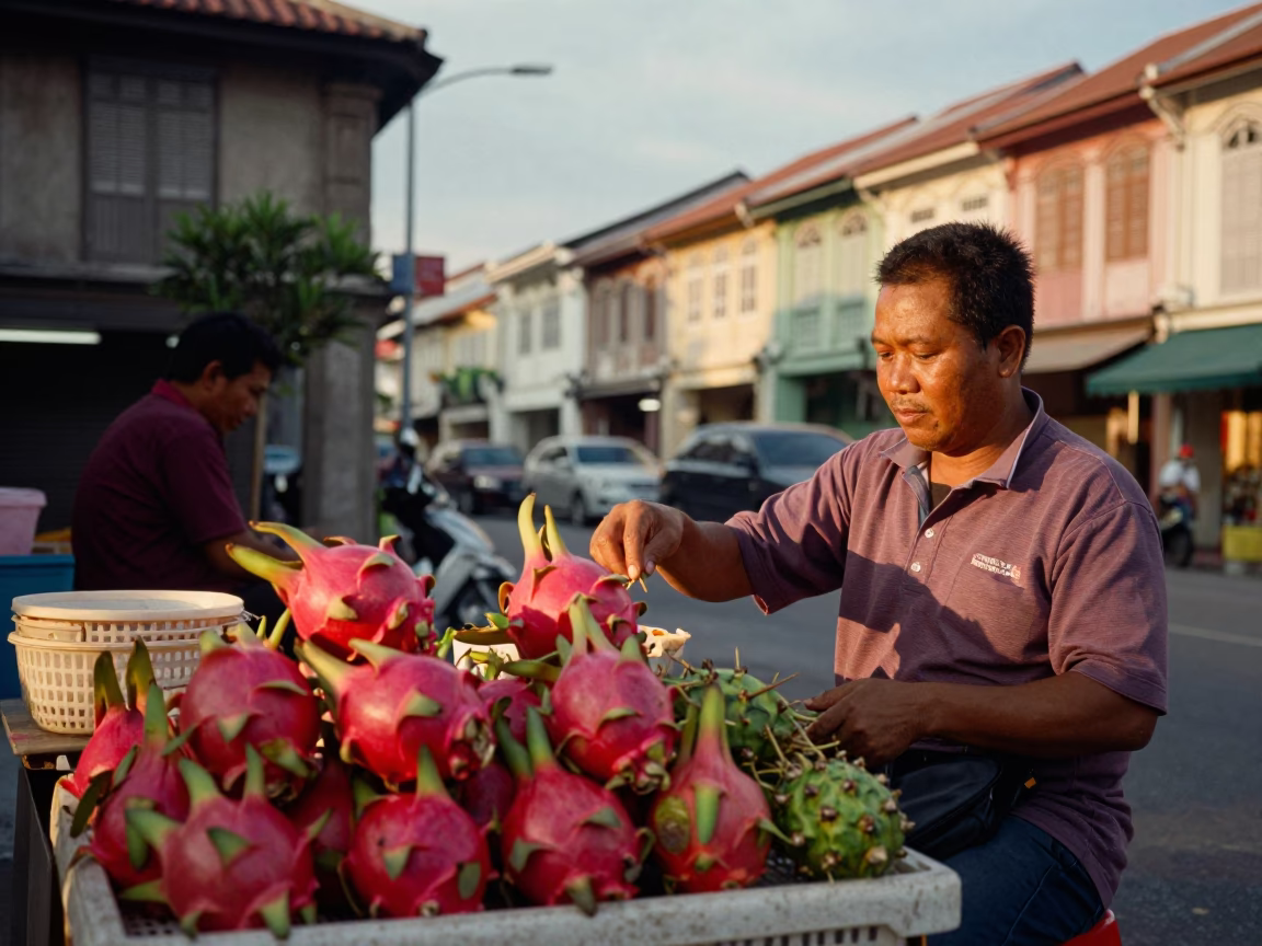 George Town Street Scene at Honeyed Evening Light in in George Town, Malaysia