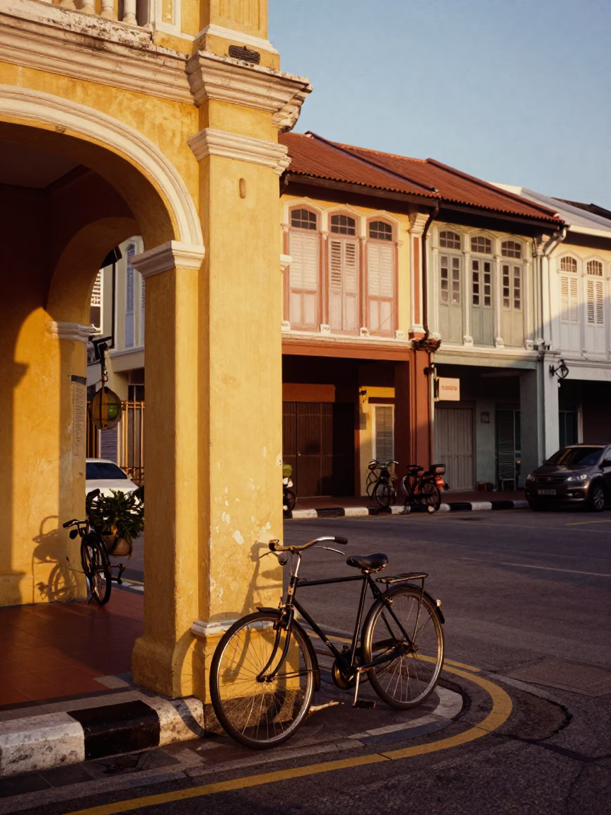 George Town Street Scene at Honeyed Evening Light in in George Town, Malaysia