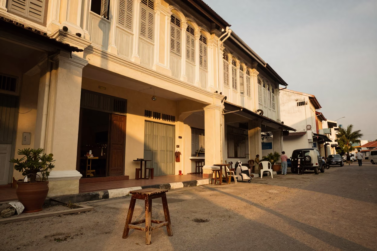 George Town Street Scene at Honeyed Evening Light in in George Town, Malaysia