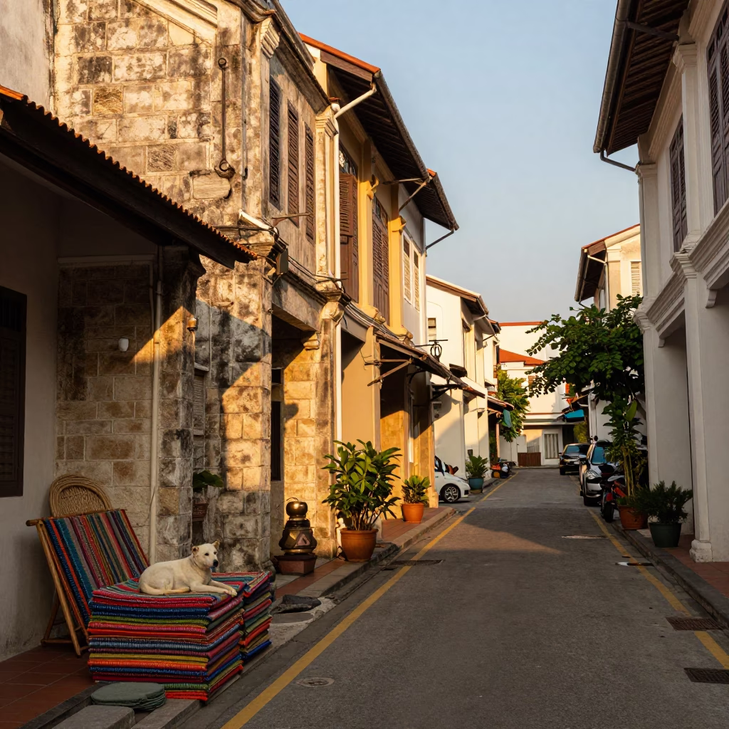 George Town Street Scene at Honeyed Evening Light in in George Town, Malaysia
