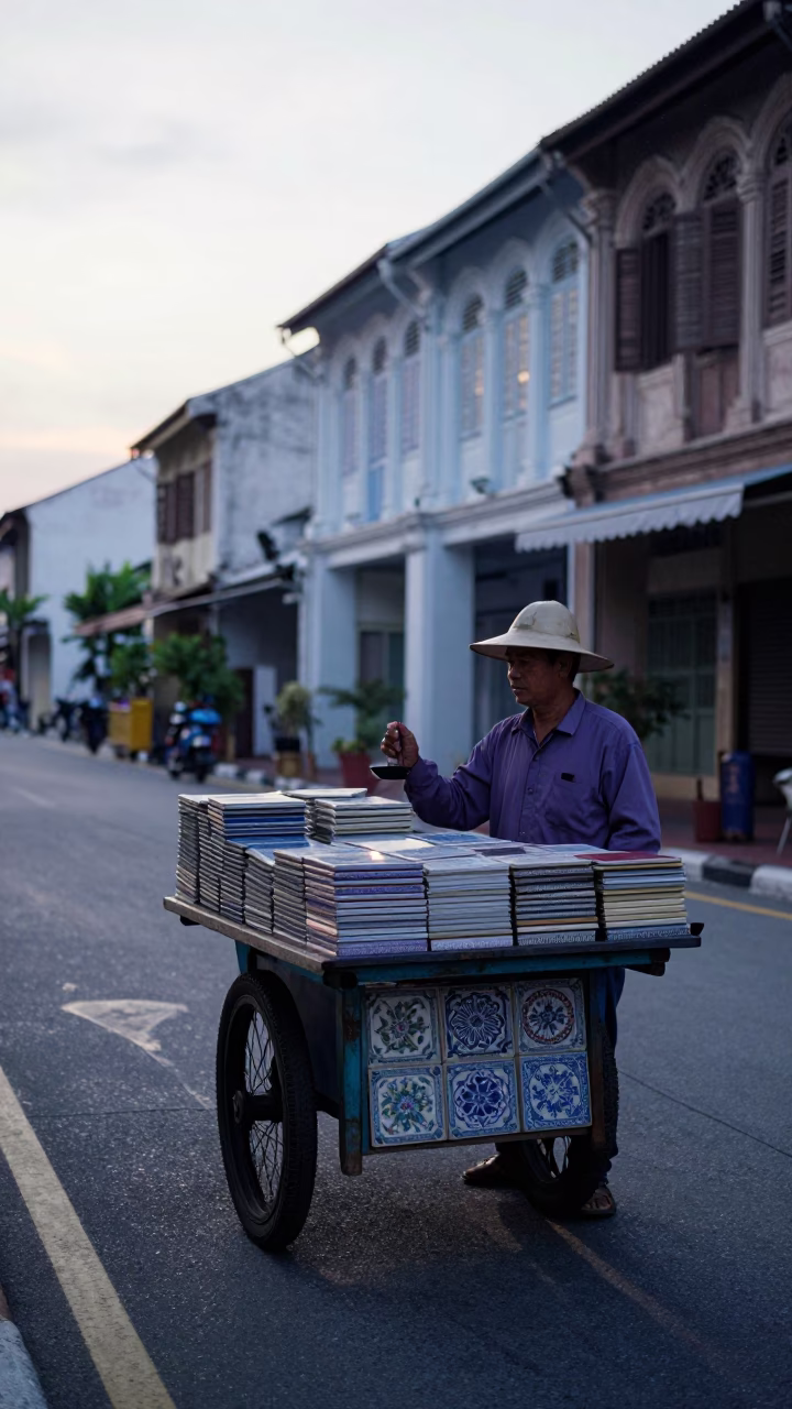 George Town Street Vendor at Sunrise Light in in George Town, Malaysia