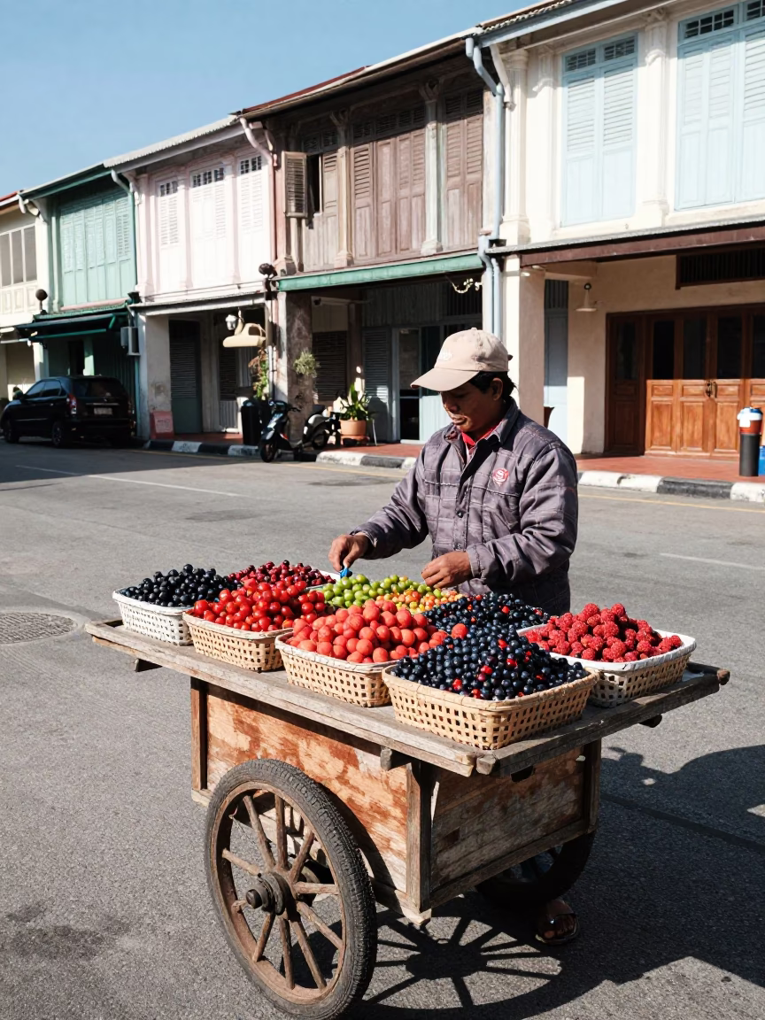 George Town Street Vendor Selling Fresh Berries on Winter Noon in in George Town, Malaysia