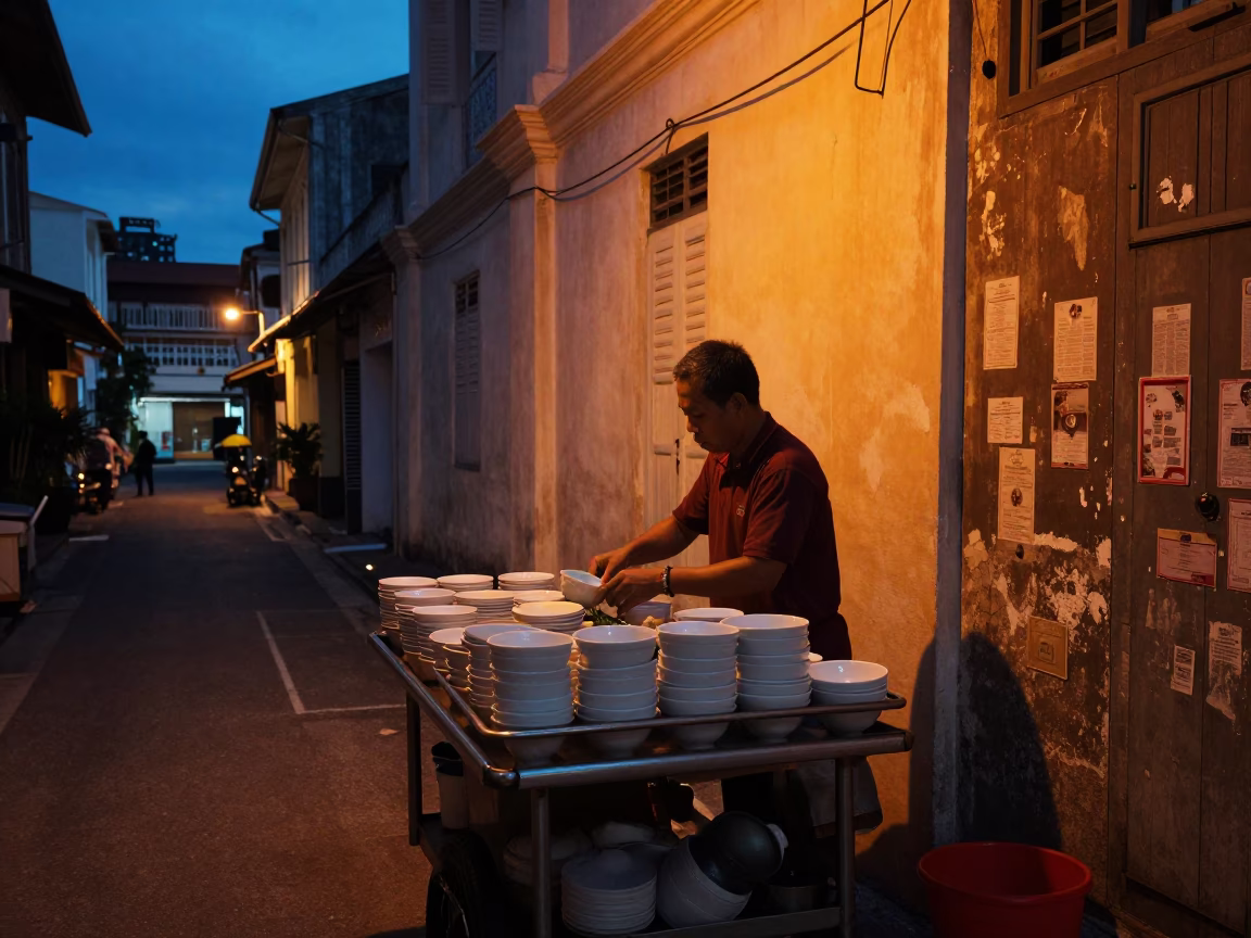 George Town Vendor Scene at The Predawn Darkness Light in in George Town, Malaysia