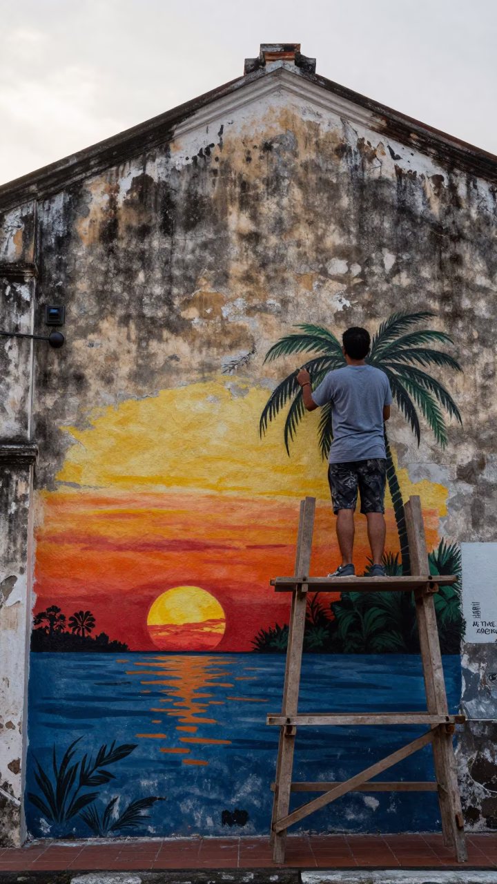 George Town Wall Art at As The Sun Drops Toward The Horizon in in George Town, Malaysia
