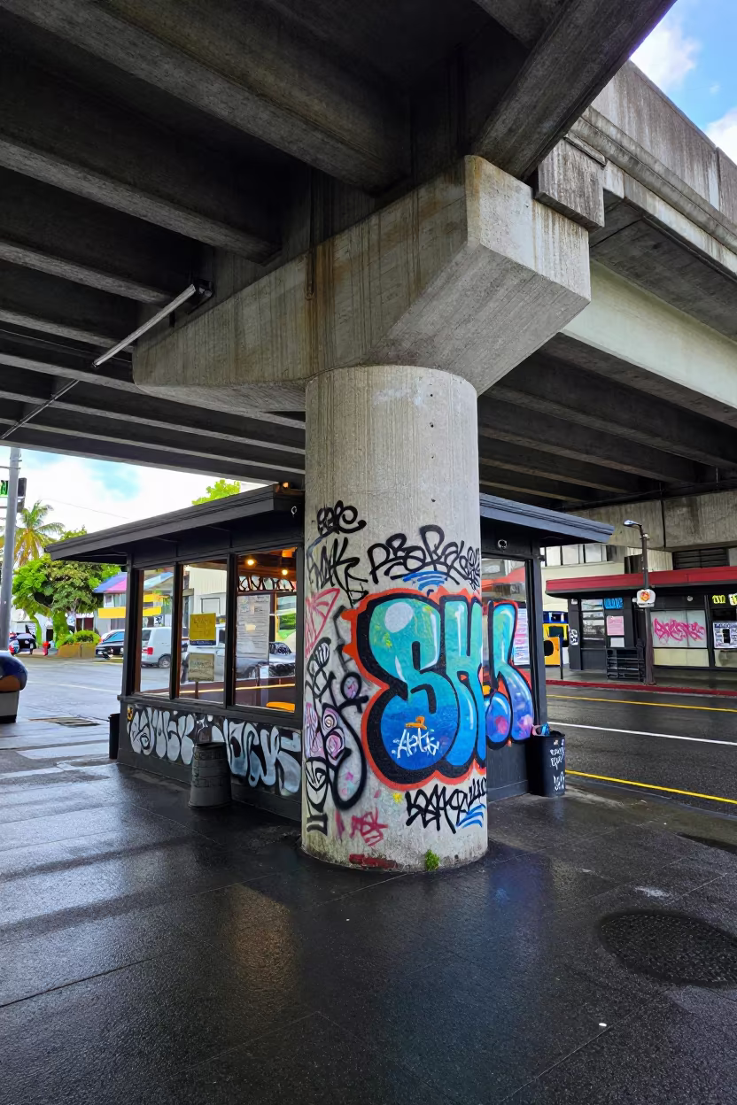 Georgetown Cafe Graffiti Overpass Column in outside a corner cafe in Georgetown, Seattle