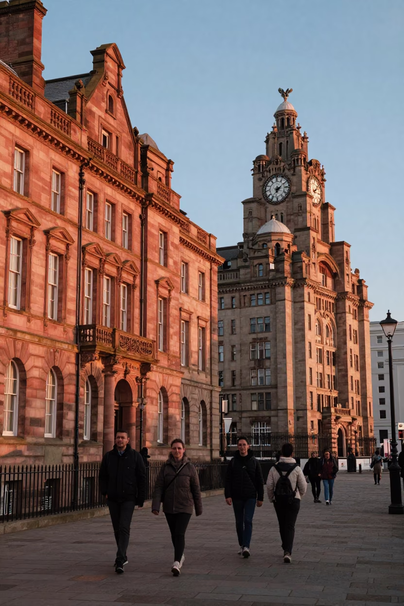 Georgian Architecture And Street Life in Liverpool at Sunset Light in in Liverpool, United Kingdom