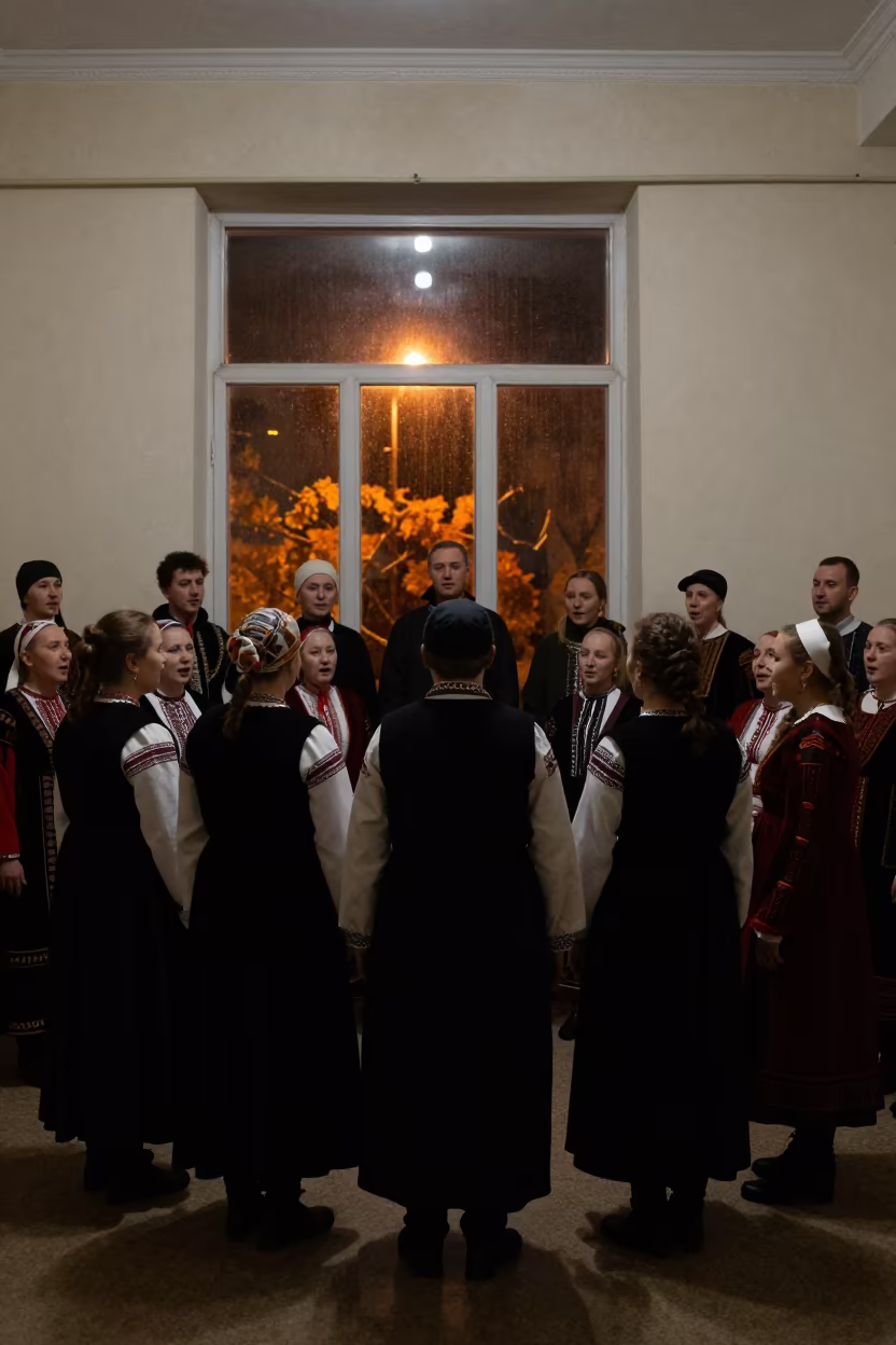 Georgian Choir Silhouetted by Street Light in Tolyatti Night in in a rehearsal room in Tolyatti