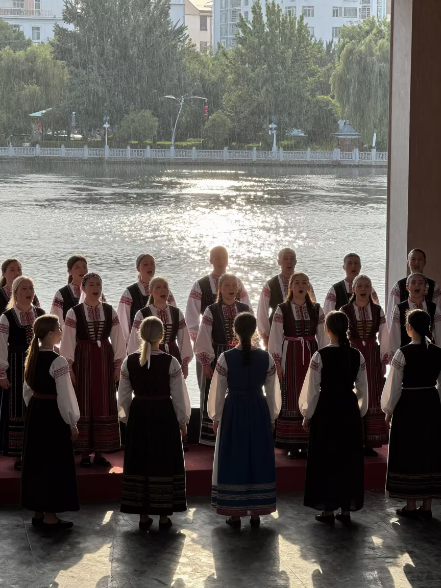 Georgian Choir Silhouetted on Stage in on a theater stage in Changchun