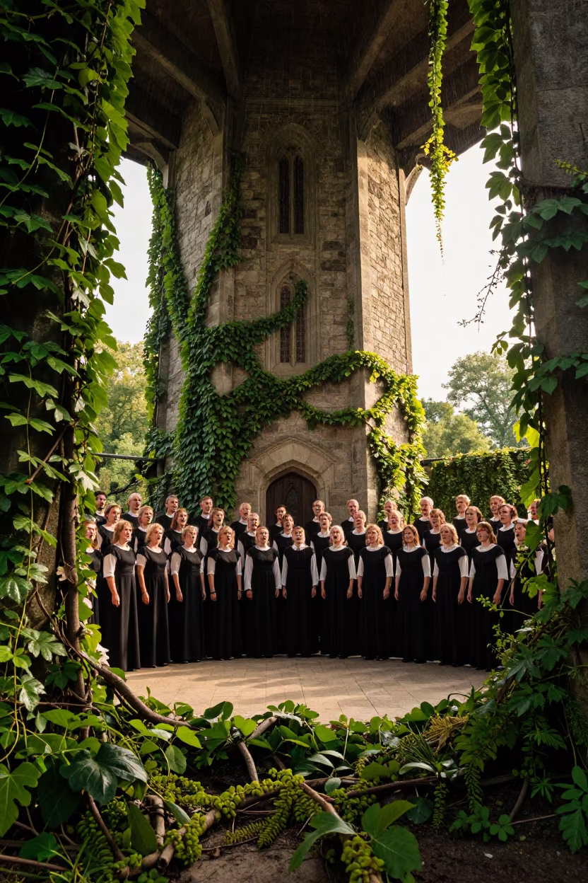Georgian Choir Singing in Stone Tower Amid Jungle Vines in in a concert hall in Essen