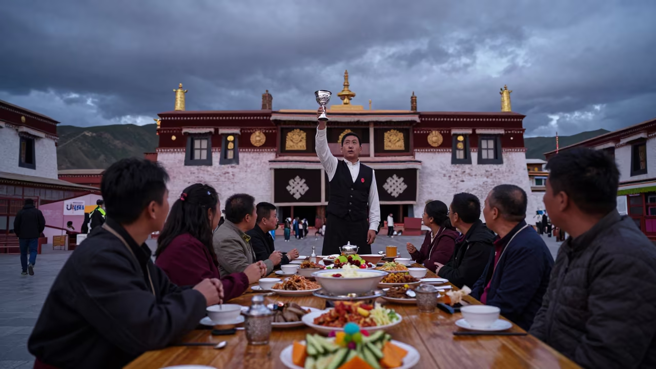 Georgian Feast Tamada in Lhasa Temple Courtyard in in a temple courtyard in Sera, Lhasa