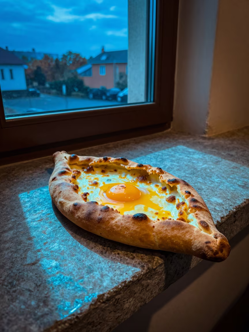 Georgian Khachapuri with Egg on Stone Ledge in on a stone ledge in Alanya