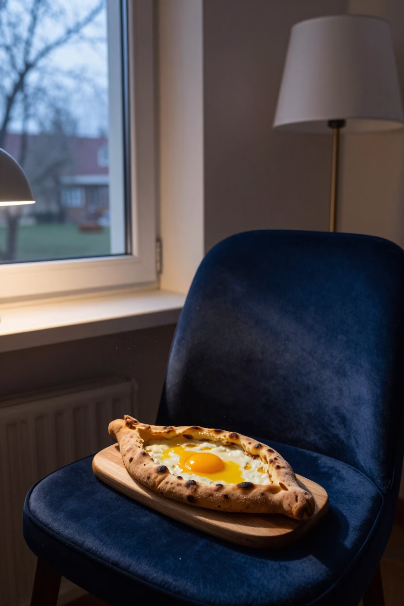 Georgian Khachapuri with Runny Egg on Velvet Chair in on a velvet chair near Guilin
