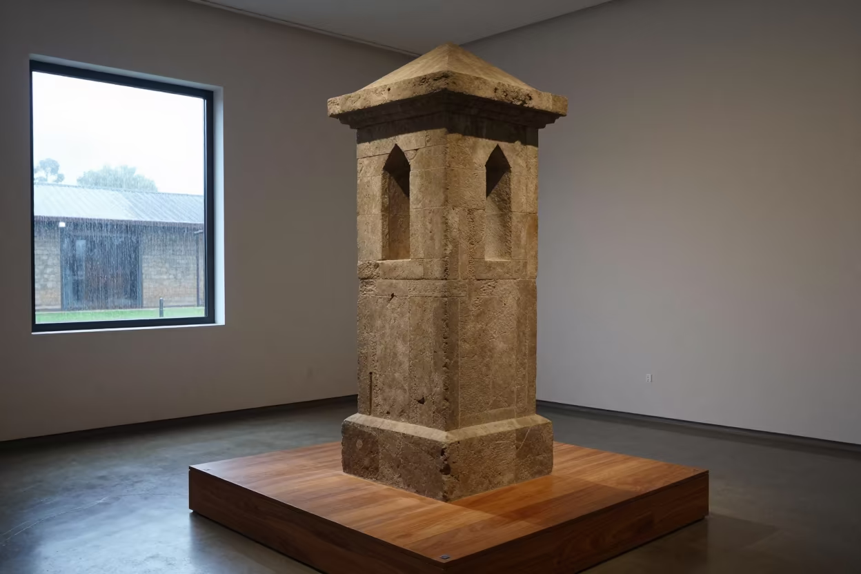 Georgian Stone Tower on Dakar Plinth in on a museum plinth in Dakar