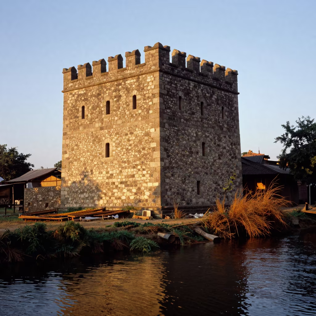 Georgian Stone Tower House in Manipur Canal Light in beside a canal-front facade in Manipur