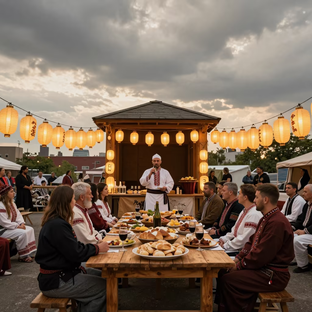 Georgian supra feast at Hell's Kitchen shrine in in a shrine lined with lanterns near Hell's Kitchen, New York