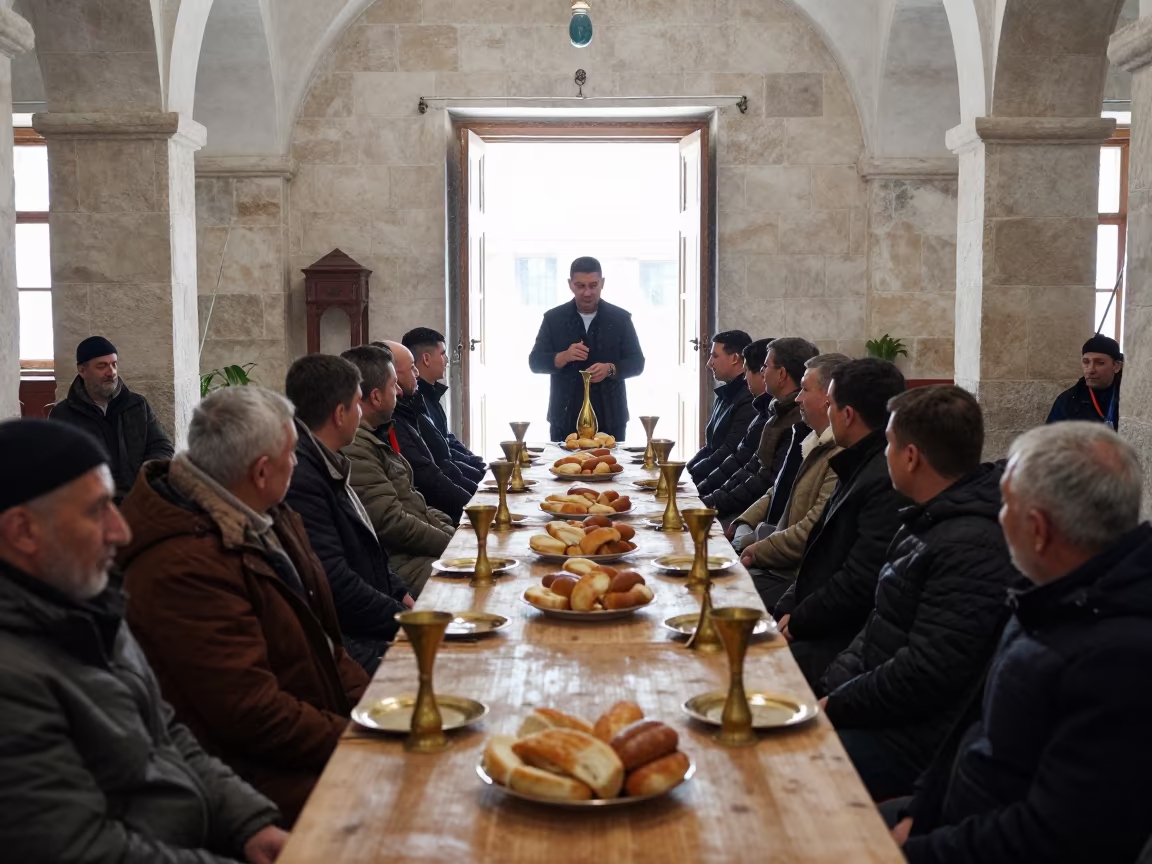Georgian Supra Feast in Winter Prayer Hall in in a prayer hall in Kut