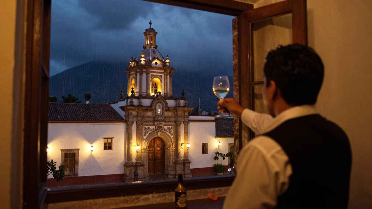 Georgian Tamada Midnight Toast in Shrine in in a shrine lined with lanterns near San Cristobal de las Casas
