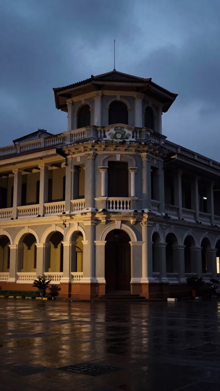 Georgian Tower House in Ho Chi Minh City Rain in along a colonnaded facade in Ho Chi Minh City