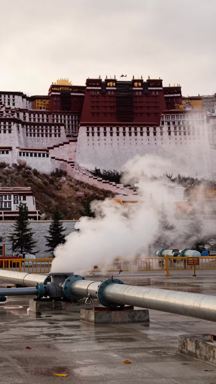 Geothermal vent steam rising in Lhasa valley in on a factory floor near Potala, Lhasa