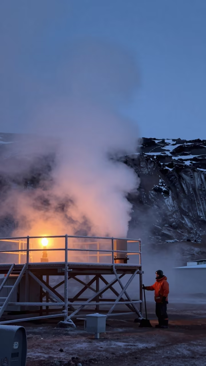 Geothermal Vent Steam in Predawn Icelandic Valley in on a scaffold platform near Lhasa