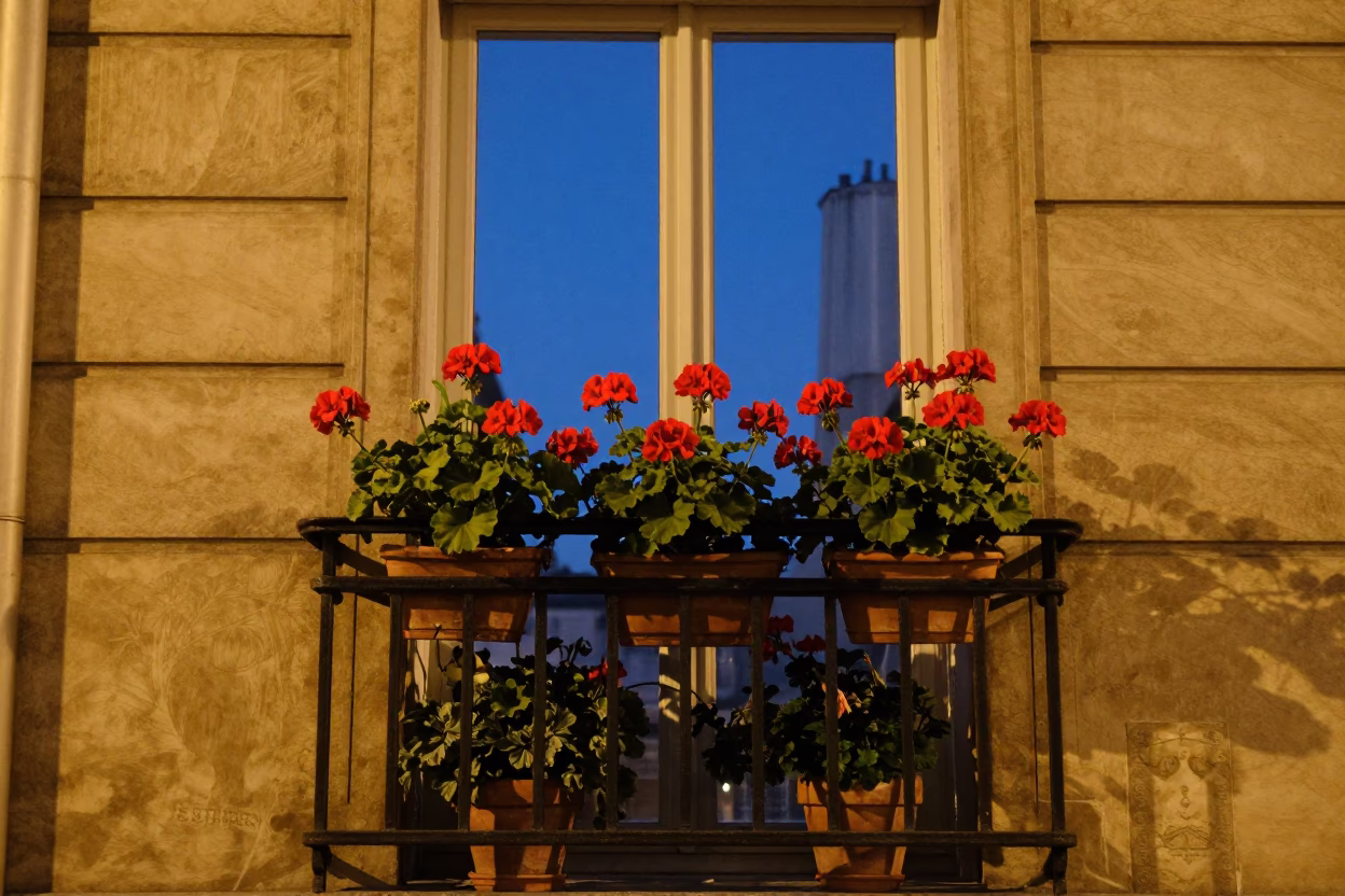 Geraniums after dark in Paris in in Paris, France