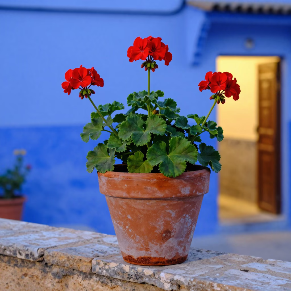 Geraniums at Blue Hour in in Fez, Morocco