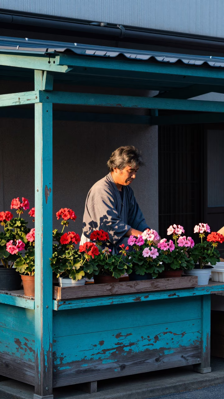 Geraniums at Early Morning Light in Osaka in in Osaka, Japan