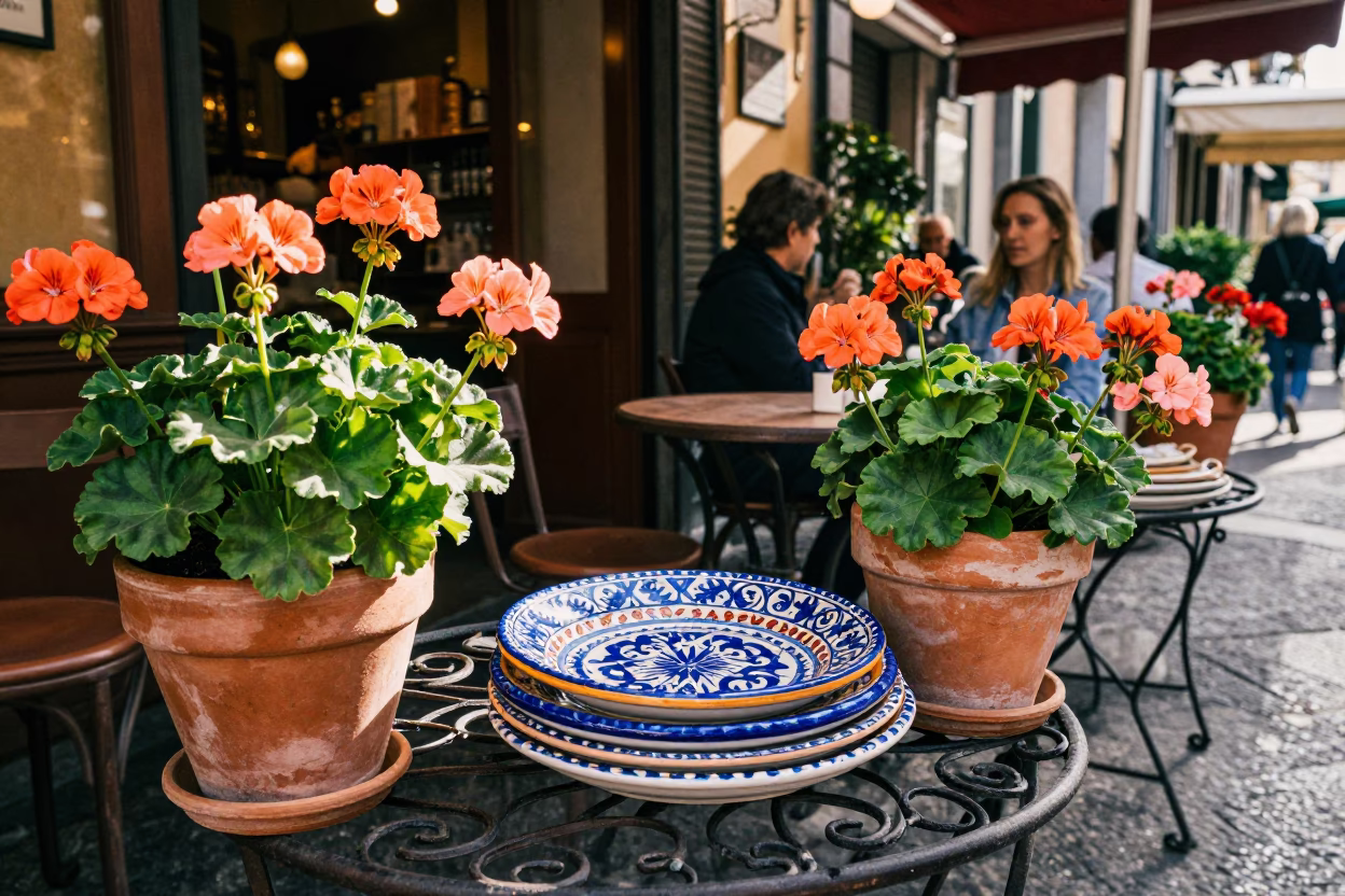 Geraniums at The Early Afternoon Light in Naples in in Naples, Italy