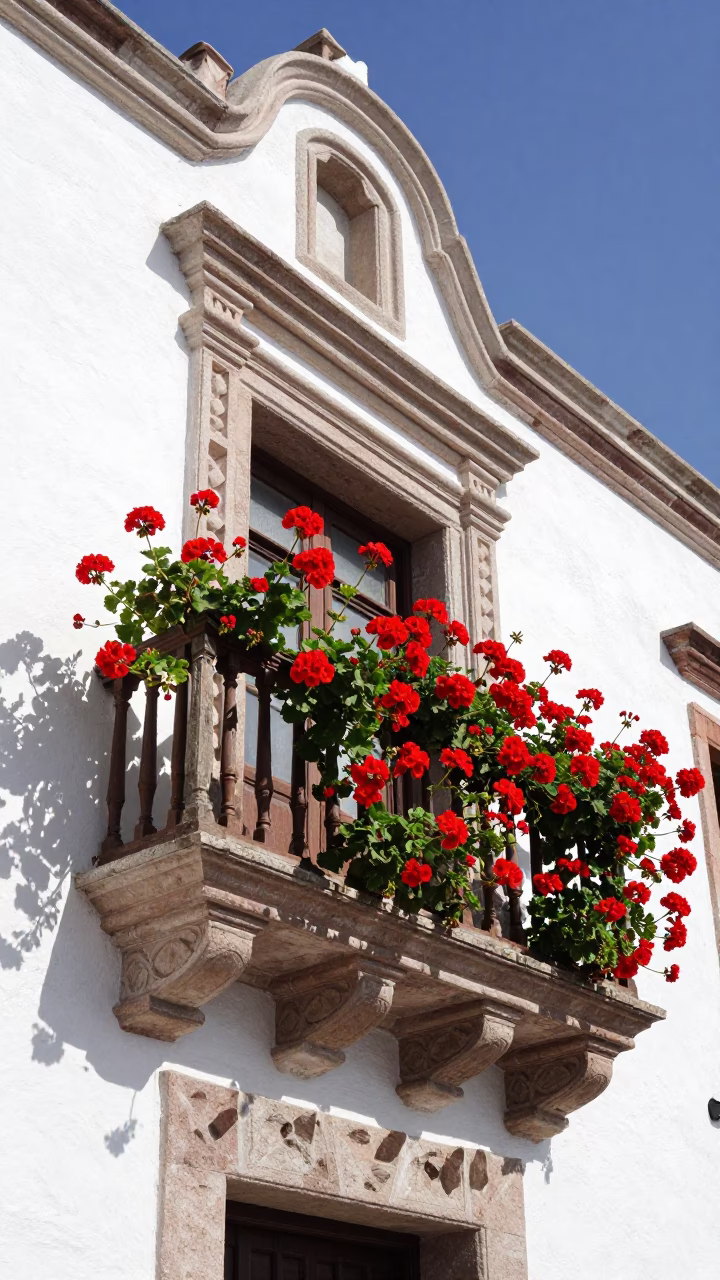 Geraniums Blooming in Merida at Bright Midmorning Light in in Merida, Mexico