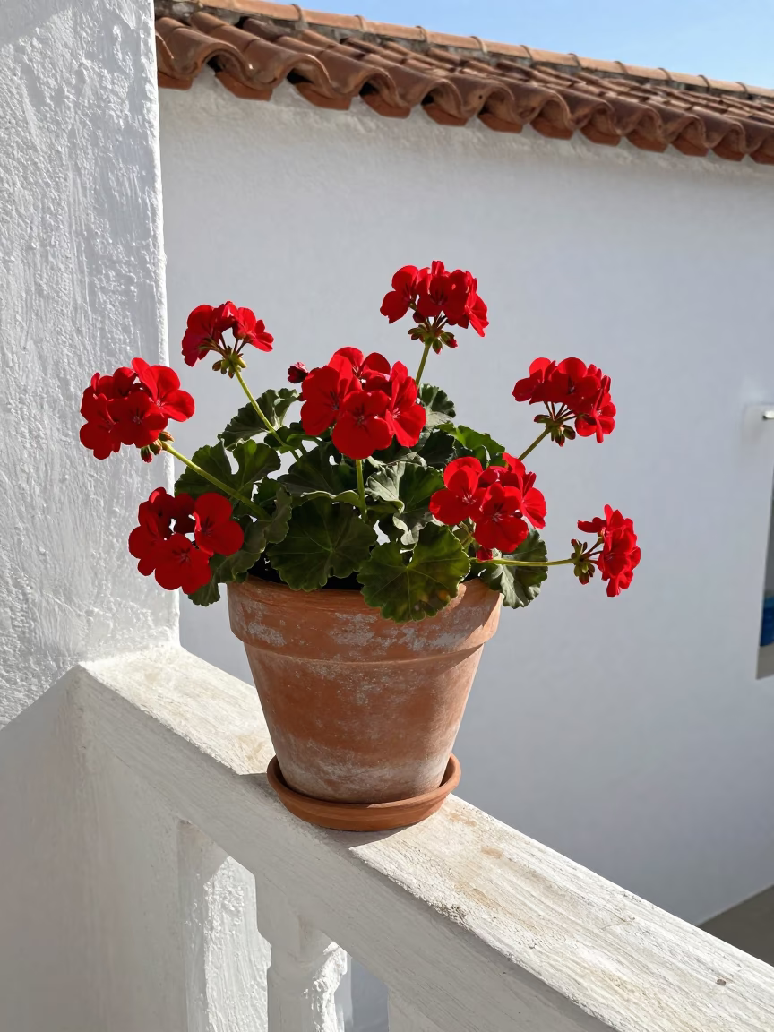 Geraniums in Athens at Afternoon Light in in Athens, Greece
