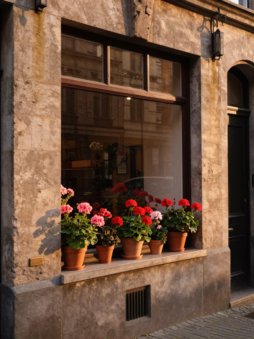 Geraniums in Brussels at Golden Hour in in Brussels, Belgium