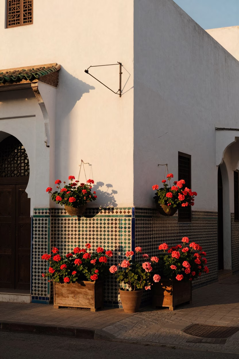 Geraniums in Casablanca at Honeyed Evening Light in in Casablanca, Morocco