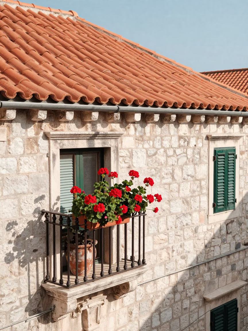 Geraniums in Dubrovnik at Afternoon Light in in Dubrovnik, Croatia