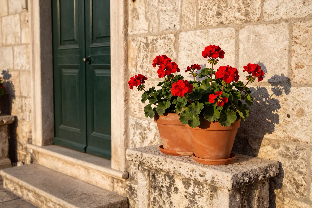 Geraniums in Dubrovnik at Late Afternoon Light in in Dubrovnik, Croatia