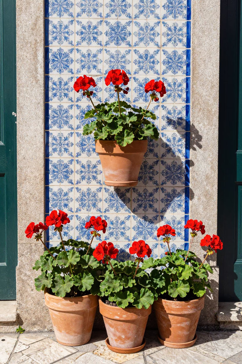 Geraniums in Porto at Flat Noon Light in in Porto, Portugal