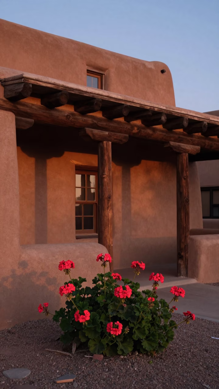 Geraniums in Santa Fe at The Early Evening Light in in Santa Fe, New Mexico, United States