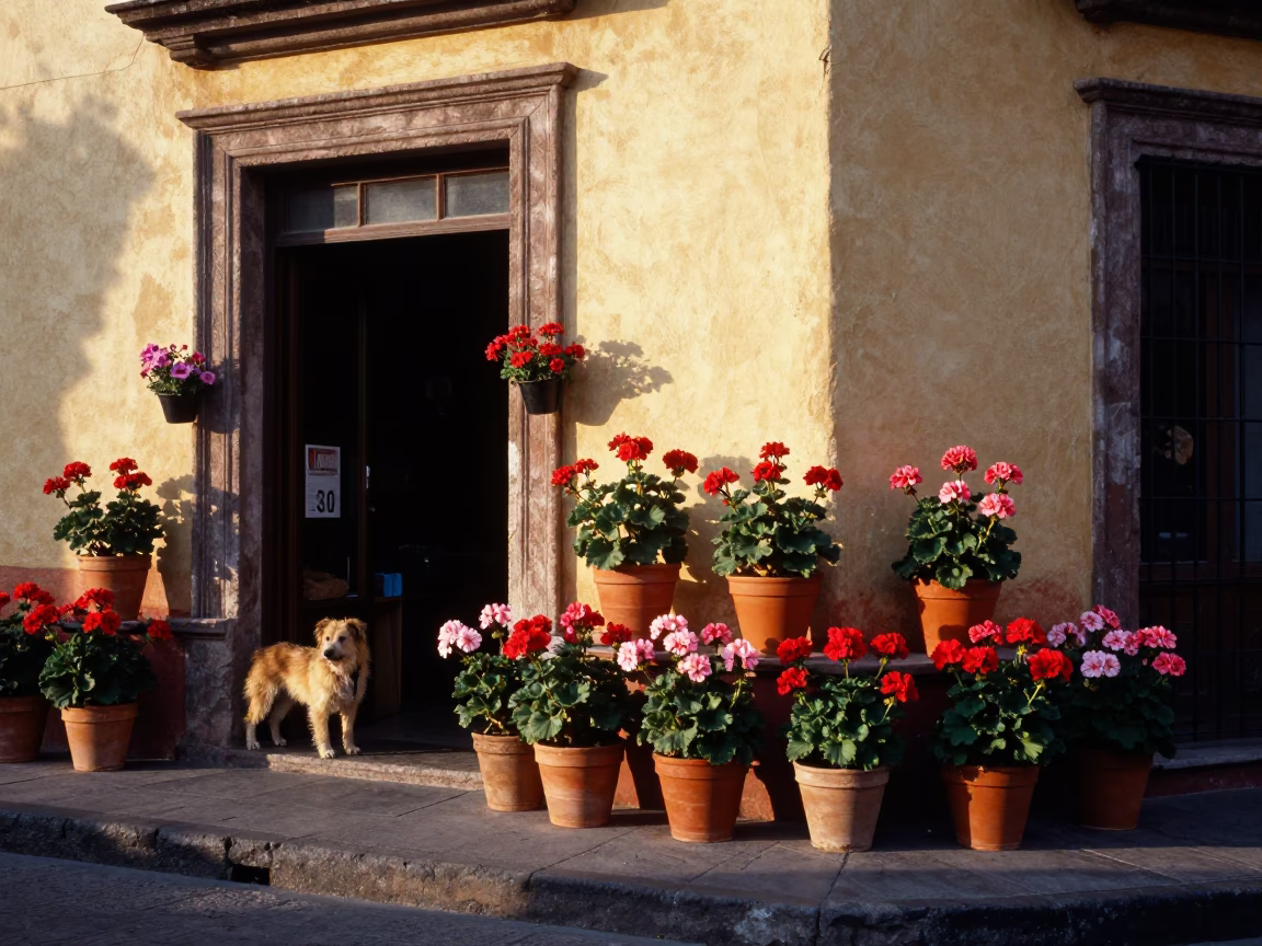 Geraniums just after sunrise in Guadalajara in in Guadalajara, Mexico